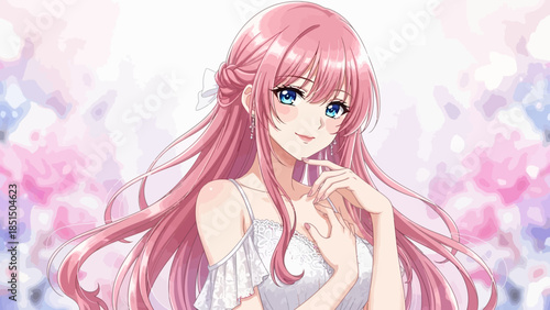 Beautiful anime girl with pink hair and white dress smiling sweetly