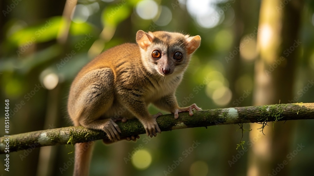 Obraz premium Grey Mouse Lemur Perched on Branch in Madagascar Rainforest.