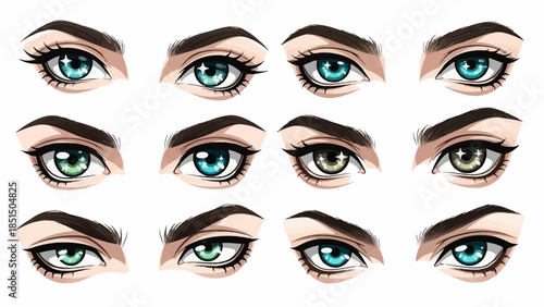 Anime style eyes with varied expressions and colors