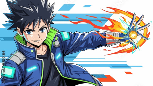 Anime superhero with fiery power and futuristic gear in action