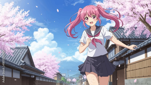Anime girl running through Japanese village with cherry blossoms