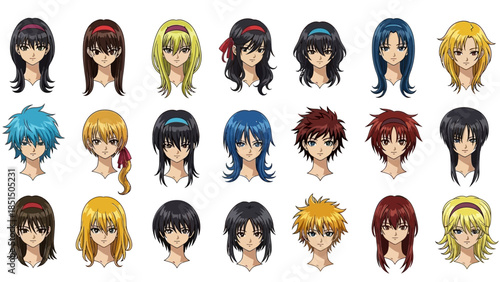 Anime character heads with diverse hairstyles and colors