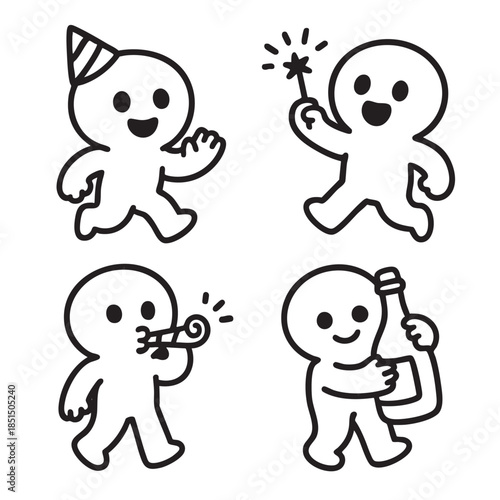 Party characters with celebration hat and confetti wand smiling happily