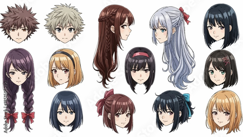 Anime character heads with various hairstyles and expressions