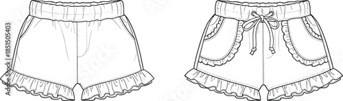 Women ruffle hem shorts cad flat vector illustration front back view fashion technical drawing elastic waist apparel outline design