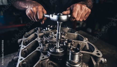 Close-up of male hands using a torque wrench on engine components, precise tightening during automotive repair, professional mechanical maintenance and accuracy control.