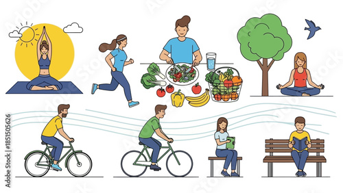 People engaging in healthy lifestyle activities like yoga and cycling