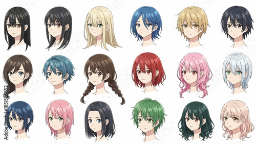 Diverse anime character heads with various hairstyles and colors