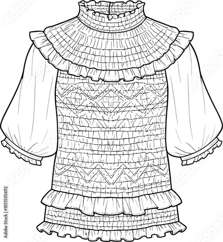 Women ruffle high neck blouse technical fashion flat sketch smocked bodice puff sleeves textured fabric cad vector illustration