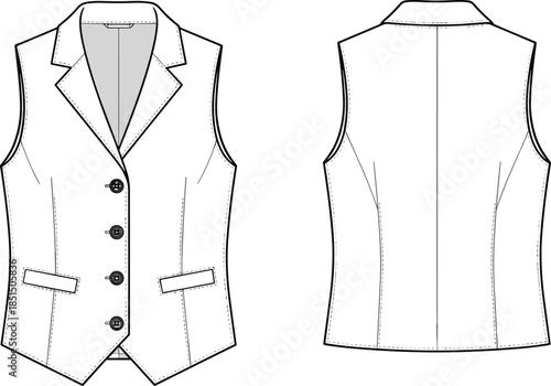 Women tailored vest technical fashion flat sketch front and back view sleeveless blazer waistcoat cad vector illustration