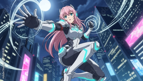 Futuristic female warrior in neon-lit cityscape at night with glowing effects