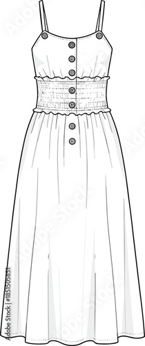 Women spaghetti strap midi dress technical fashion flat sketch button front smocked waist sleeveless cad vector illustration