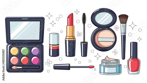 Colorful makeup products arranged with beauty accessories