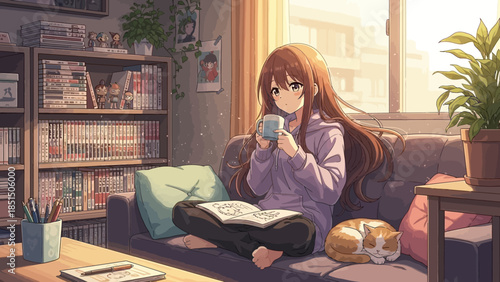 Cozy young woman relaxing with coffee and cat in modern living room