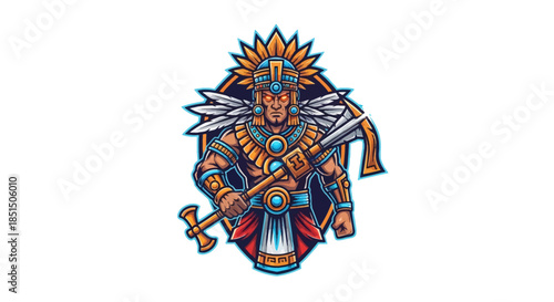 Vibrant Aztec warrior in traditional golden and blue armor holding axe