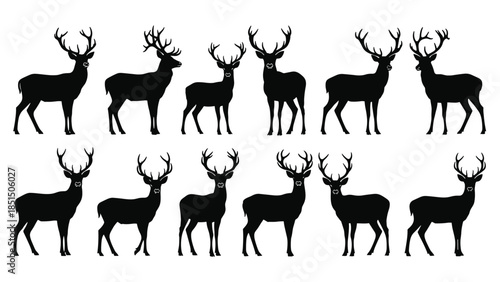 Black deer silhouette collection with majestic antlers in various standing poses, wild reindeer and buck icons set on white background