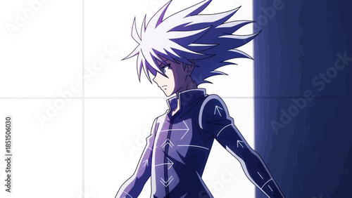 Anime character in futuristic blue jumpsuit with dynamic hair