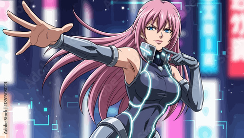 Futuristic female robot with pink hair and glowing blue circuits in neon city