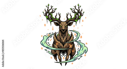 Majestic deer with glowing green eyes and tree like antlers