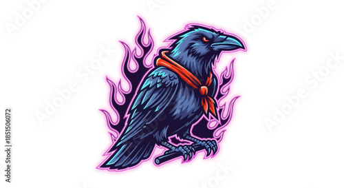 Vibrant crow with red bandana surrounded by neon flames
