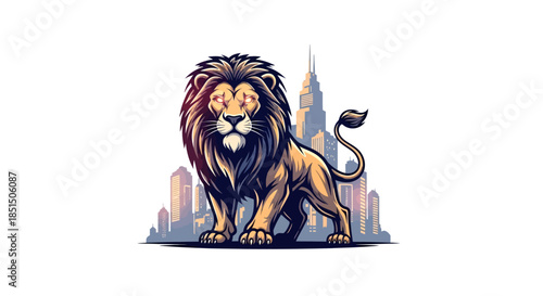 Majestic lion standing proudly in front of city skyline at sunset
