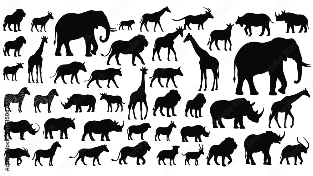 Fototapeta premium Black silhouettes of African safari animals set, wild wildlife group collection including elephant lion giraffe rhino and zebra, isolated white.