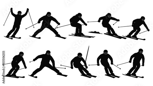 Black silhouette set of skiers in various poses, skiing downhill, jumping, and carving on white background for winter sports design.