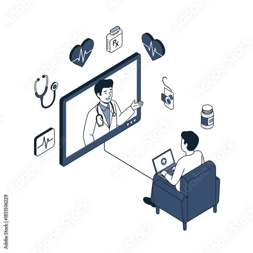 A person consulting a doctor online via telemedicine, surrounded by medical icons and digital elements.