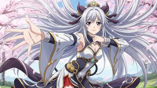Anime female warrior with flowing silver hair under cherry blossoms