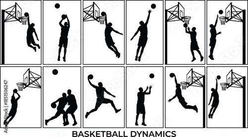 Basketball dynamics silhouette set showing players dunking shooting dribbling and jumping, sports action collection isolated on white background