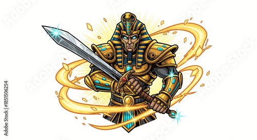 Ancient Egyptian pharaoh warrior wielding magical sword in golden armor