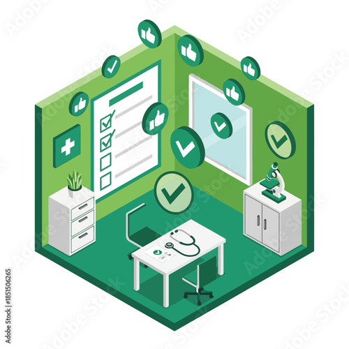 Isometric illustration of a modern doctor's office with positive feedback icons.