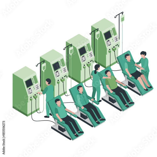 Isometric view of a medical clinic with patients undergoing treatment, attended by healthcare professionals.