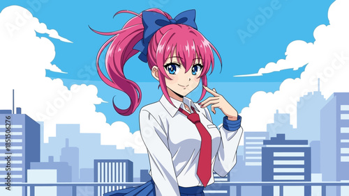 Anime girl with pink hair and blue eyes standing on city rooftop