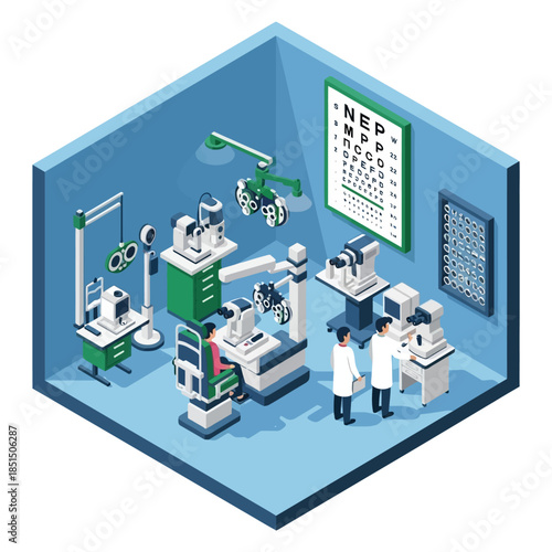 Isometric view of an optometry clinic with doctors, patient, and various eye examination equipment.