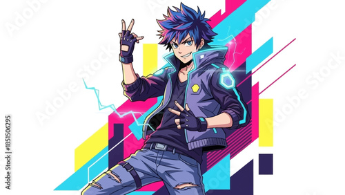 Young anime character showing peace signs with vibrant background