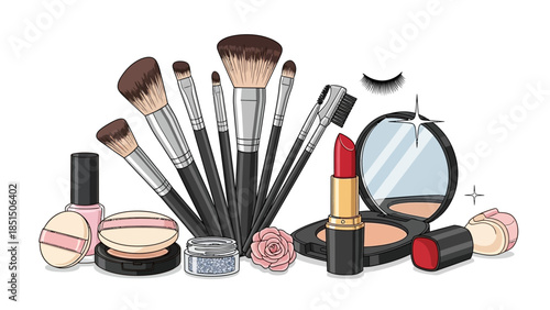 Vibrant makeup collection with brushes and cosmetics arranged