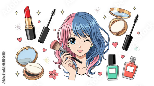 Young woman applying makeup with beauty products around her
