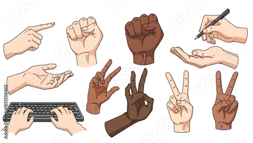 Diverse hands showing various gestures and actions