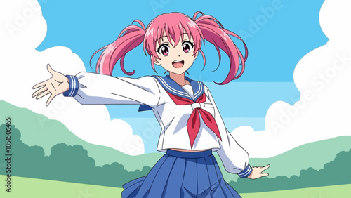 Young girl in sailor outfit enjoying sunny day outdoors