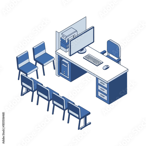 Isometric illustration of an office desk with computer and waiting area chairs.