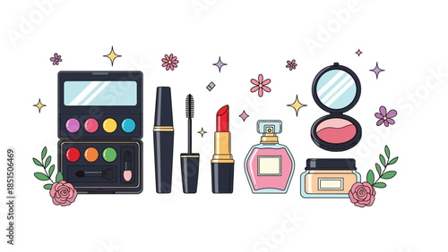 Vibrant makeup products arranged with flowers and sparkles