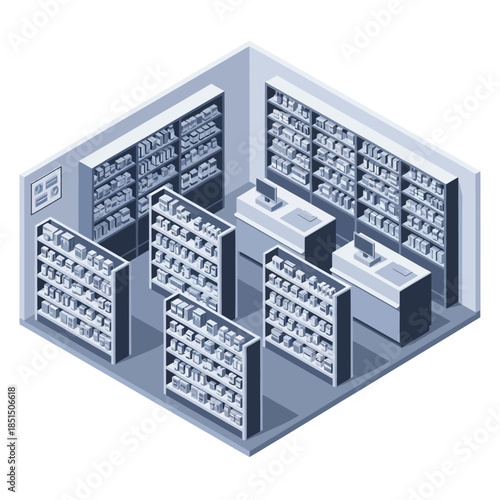 Isometric illustration of a modern pharmacy or convenience store interior with shelves stocked with products and two checkout counters.