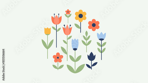 Minimalist flat vector illustration featuring abstract flowers and botanical elements in a clean modern style. Designed with vibrant yet soft colors, simple shapes, and balanced composition on a light