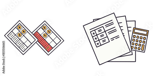 Illustration of financial accounting concepts featuring an abacus and calculator with paperwork