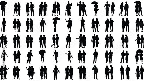 Black silhouettes of various couples standing together, group collection of men and women walking and holding umbrellas isolated on white.