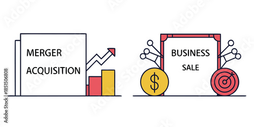 Illustration comparing merger acquisition growth charts with business sale money and target icon