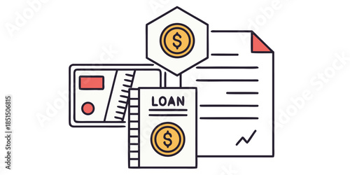 Illustration representing financial concepts including loan documents credit card and monetary investment symbols
