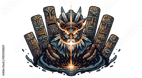 Mystic owl totem surrounded by carved wooden poles emitting magical light