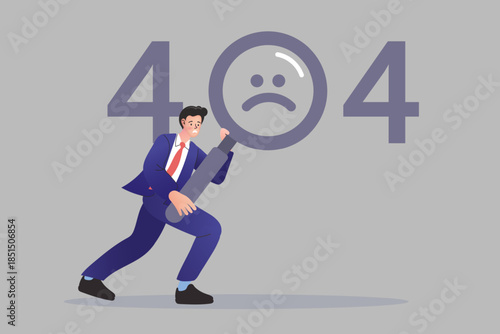 Confused businessman holding magnifying glass with 404 error text representing page not found and search failure. A concept of broken link, website connection problem, and missing data.